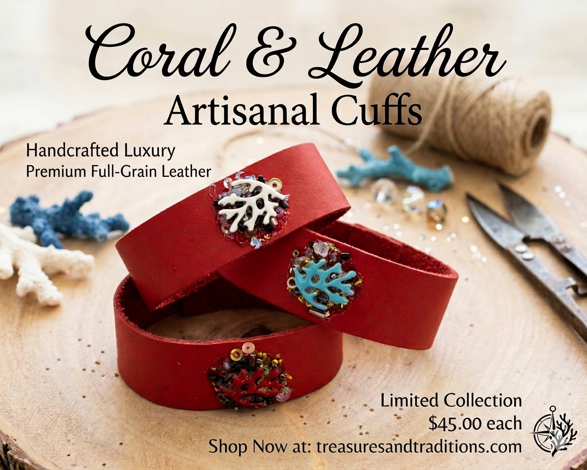 Coral and Leather Artisanal Cuff
