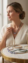 Leather necklace with ceramic charm white and blue