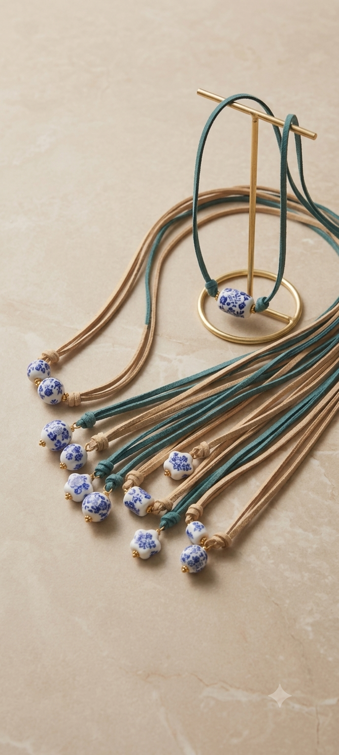 Leather necklace with ceramic charm white and blue