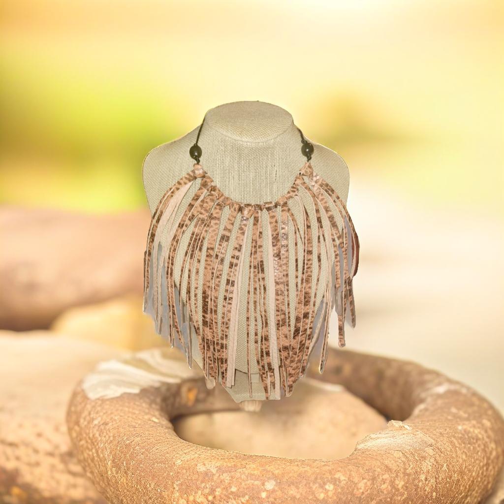 Necklace with long leather strands