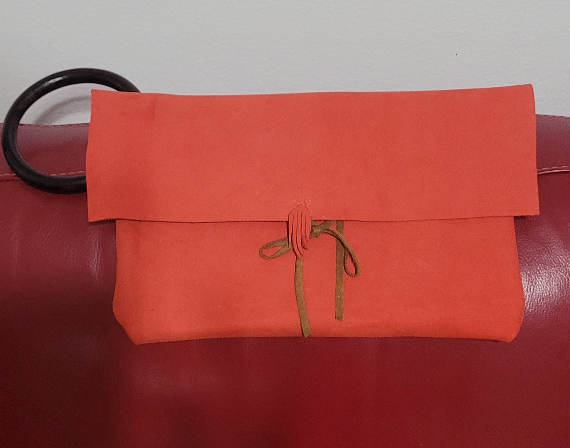 Red leather clutch with handle