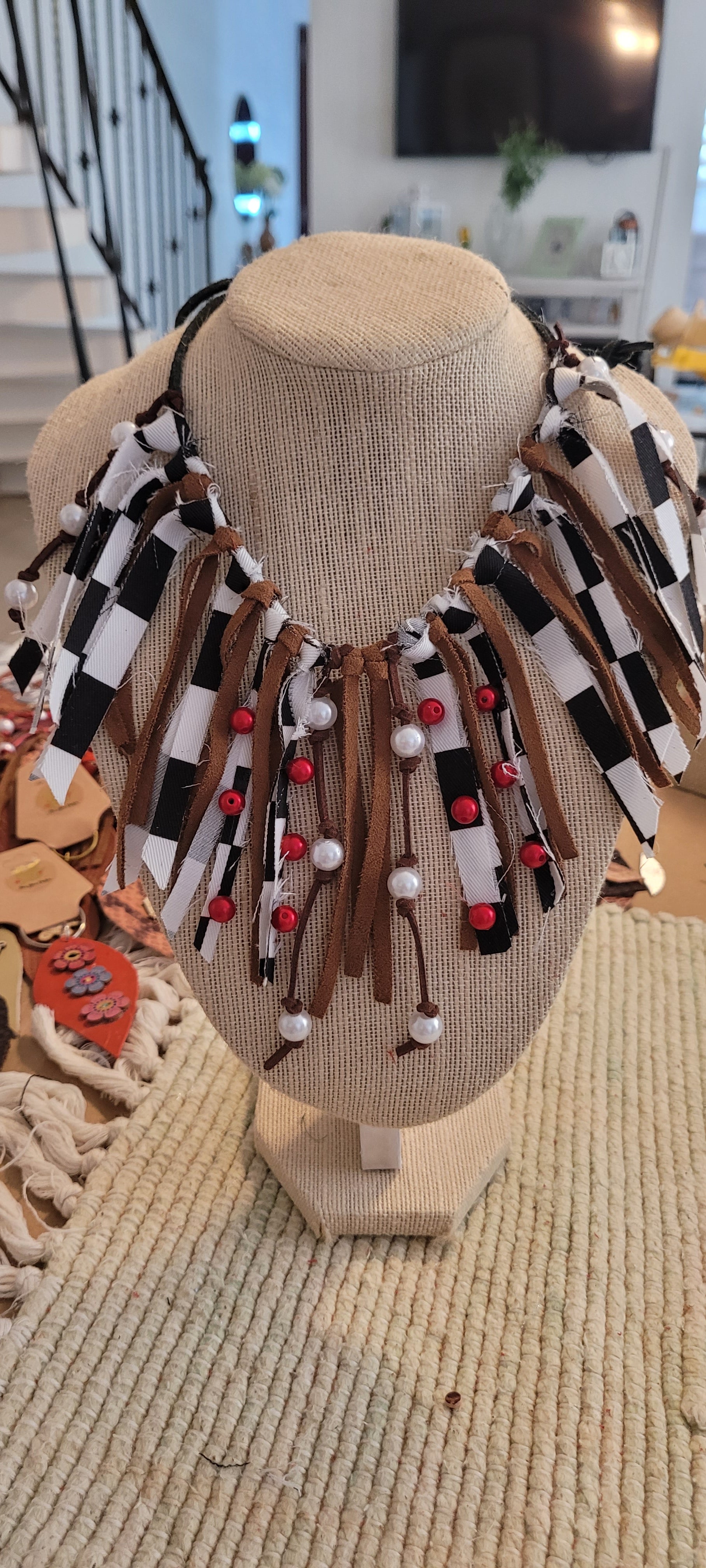 Black and white recycle fabric, fringes with pearls, necklace