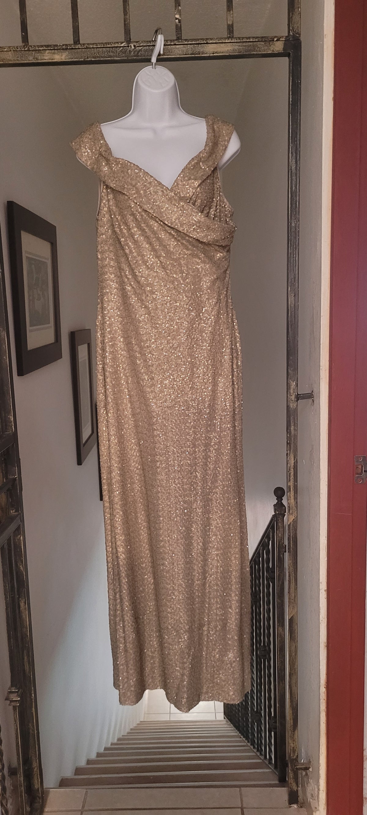 Beige and gold sequins maxi dress