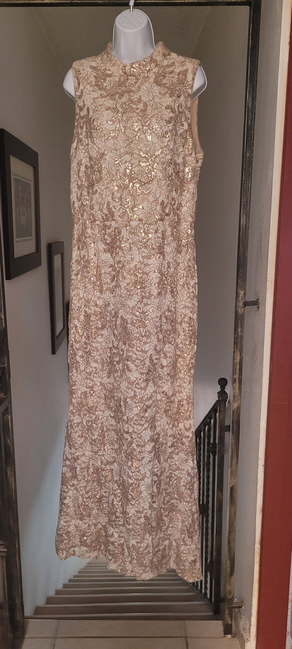 Brocade beige and gold evening gown