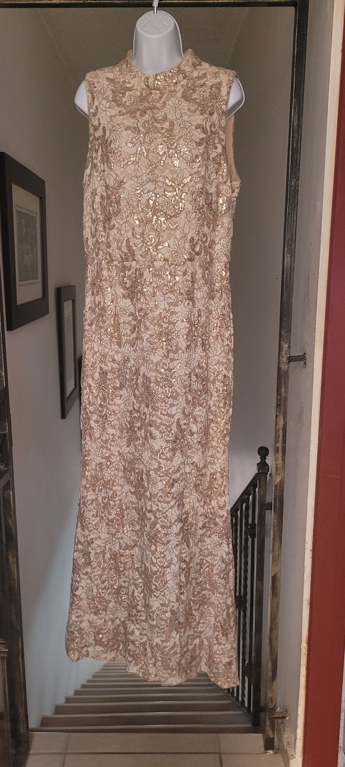 Brocade beige and gold evening gown