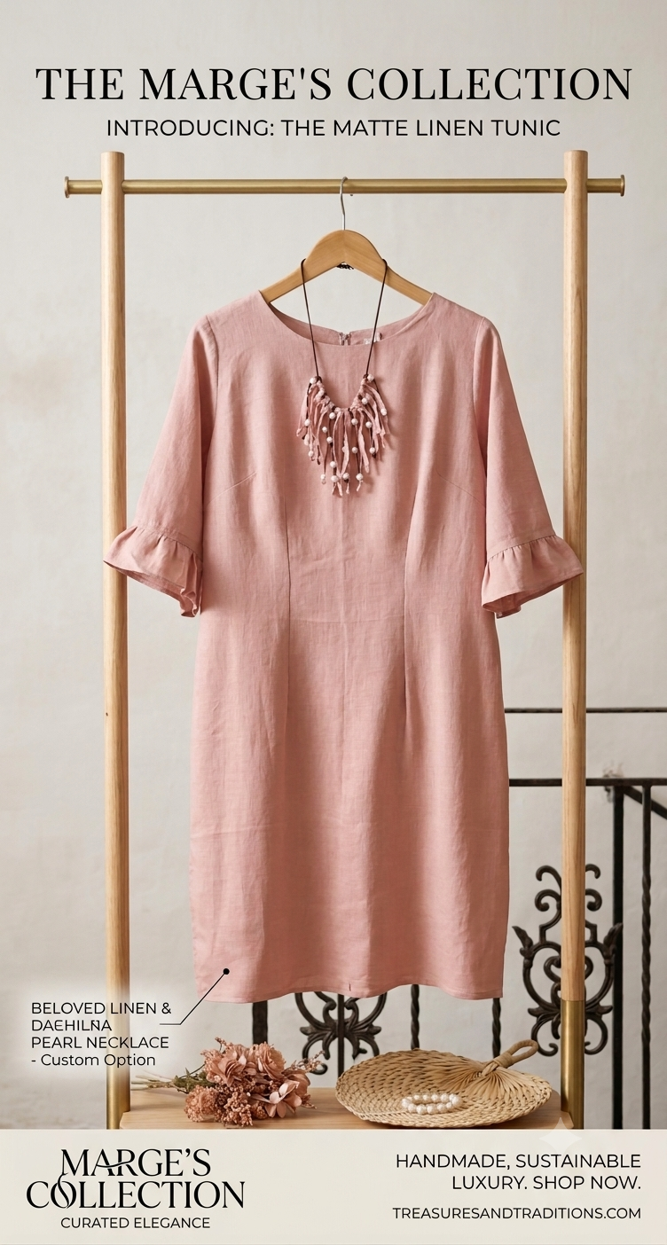 Linen dress in mate pink color with a custom necklace